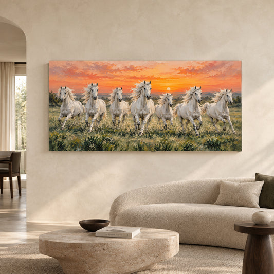 White Horses at Sunset Panoramic Textured Canvas Art