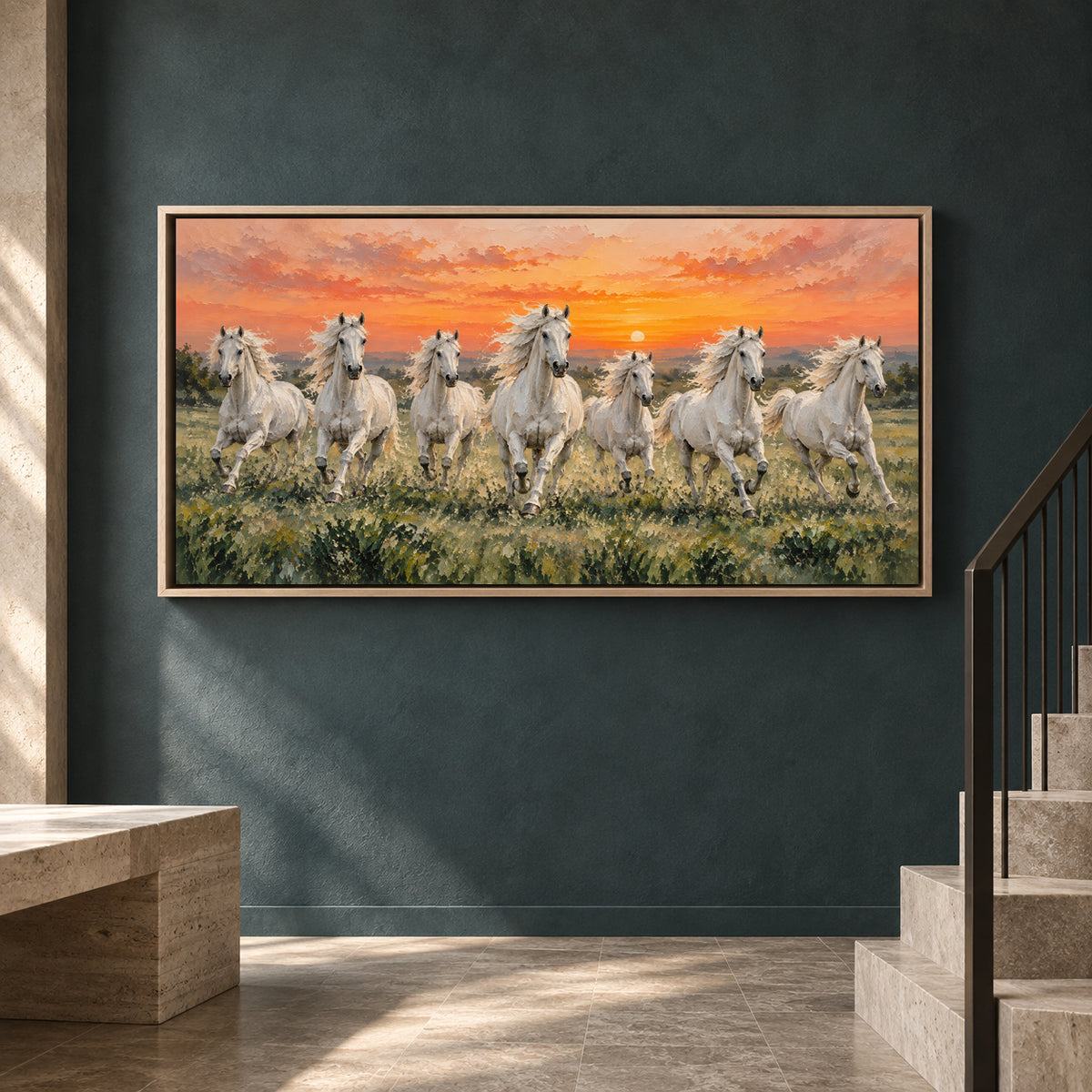 White Horses at Sunset Panoramic Textured Canvas Art