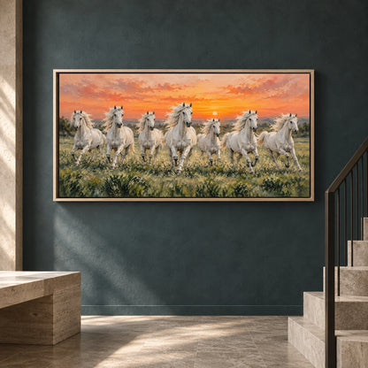 White Horses at Sunset Panoramic Textured Canvas Art