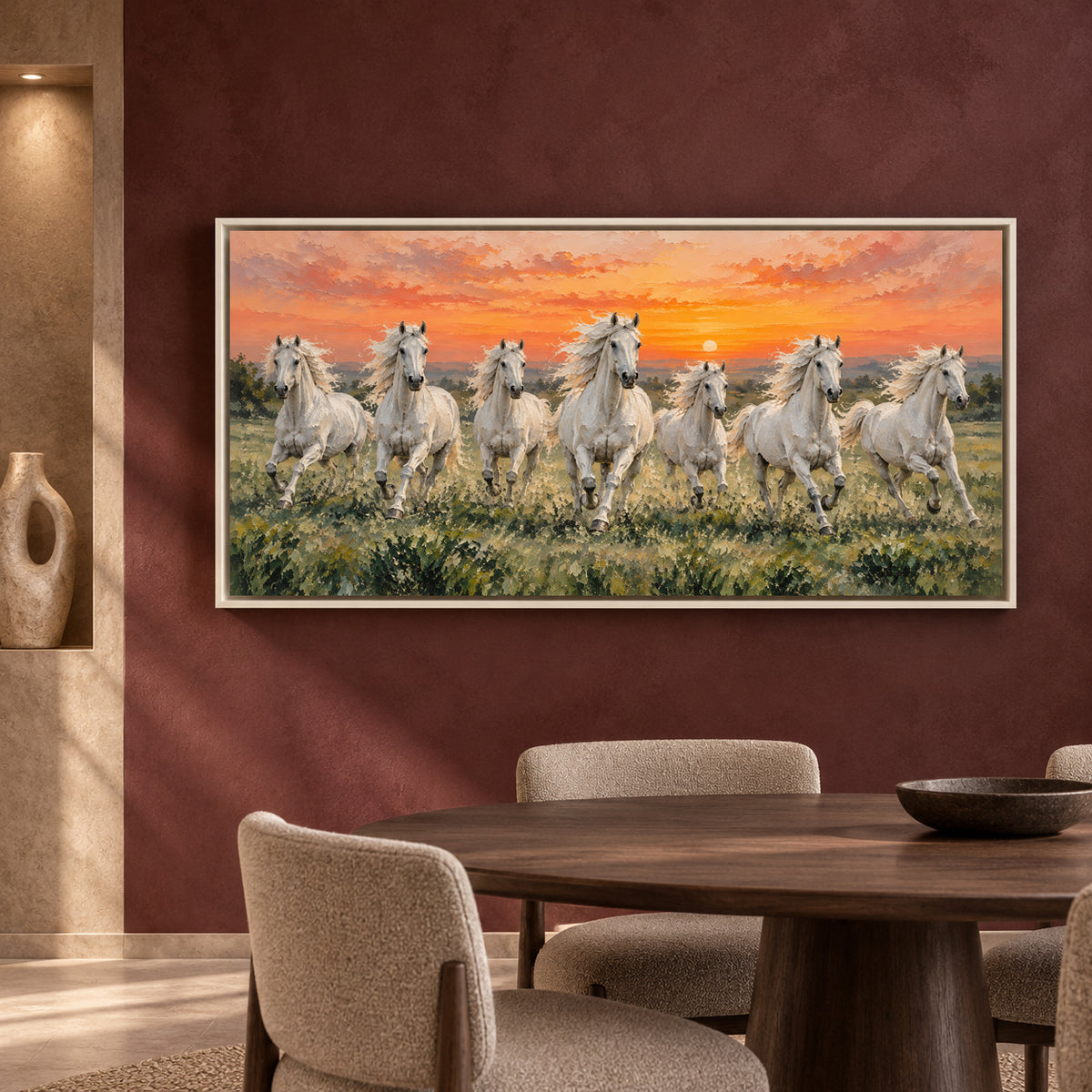 White Horses at Sunset Panoramic Textured Canvas Art