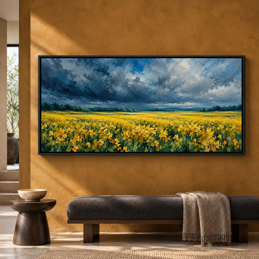 Golden Flower Field Under Dramatic Sky Panoramic Canvas Art