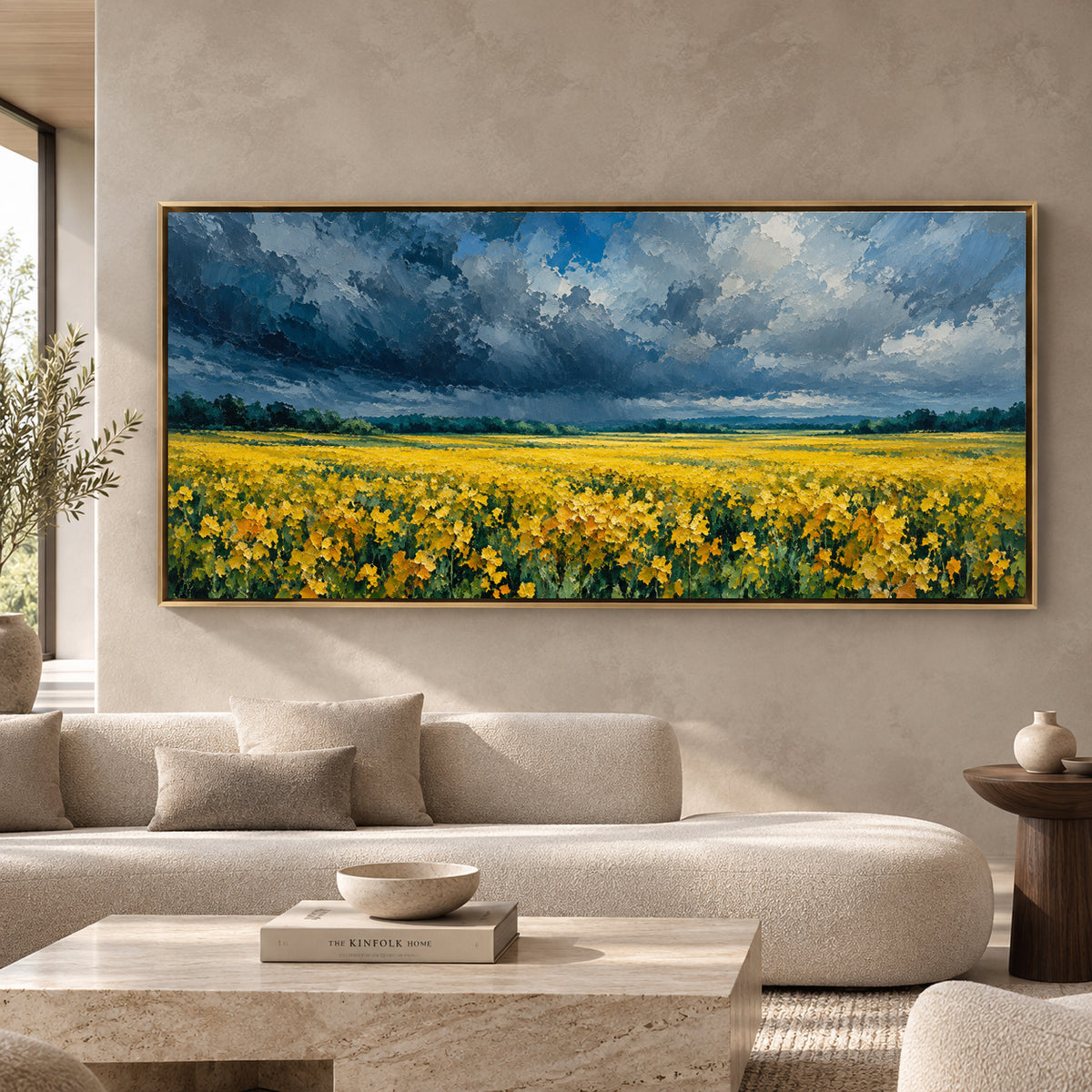 Golden Flower Field Under Dramatic Sky Panoramic Canvas Art