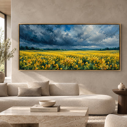 Golden Flower Field Under Dramatic Sky Panoramic Canvas Art
