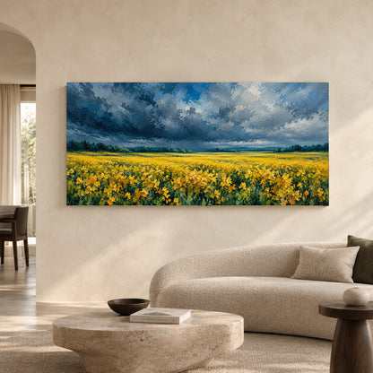 Golden Flower Field Under Dramatic Sky Panoramic Canvas Art