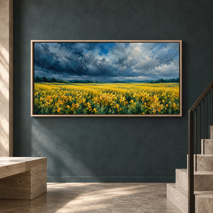 Golden Flower Field Under Dramatic Sky Panoramic Canvas Art