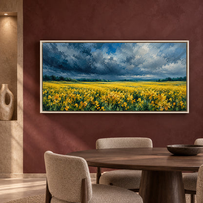 Golden Flower Field Under Dramatic Sky Panoramic Canvas Art