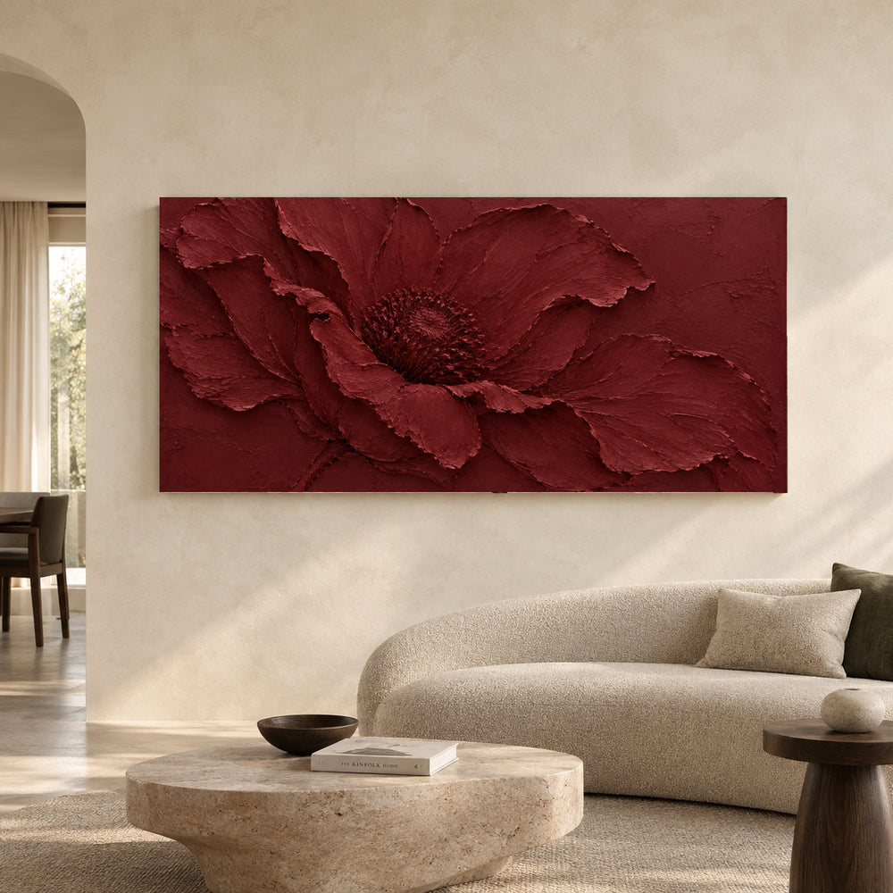 Burgundy Floral Textured Canvas Art with Sculptural Petals