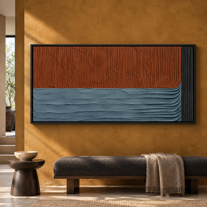 Terracotta and Slate Blue Textured Geometric Canvas Art