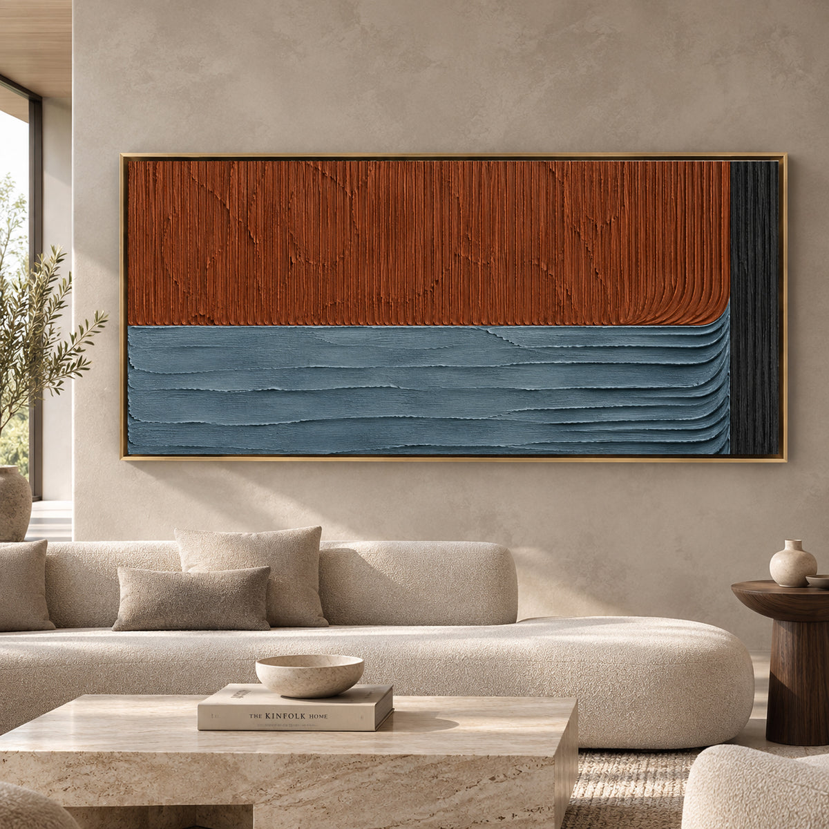 Terracotta and Slate Blue Textured Geometric Canvas Art