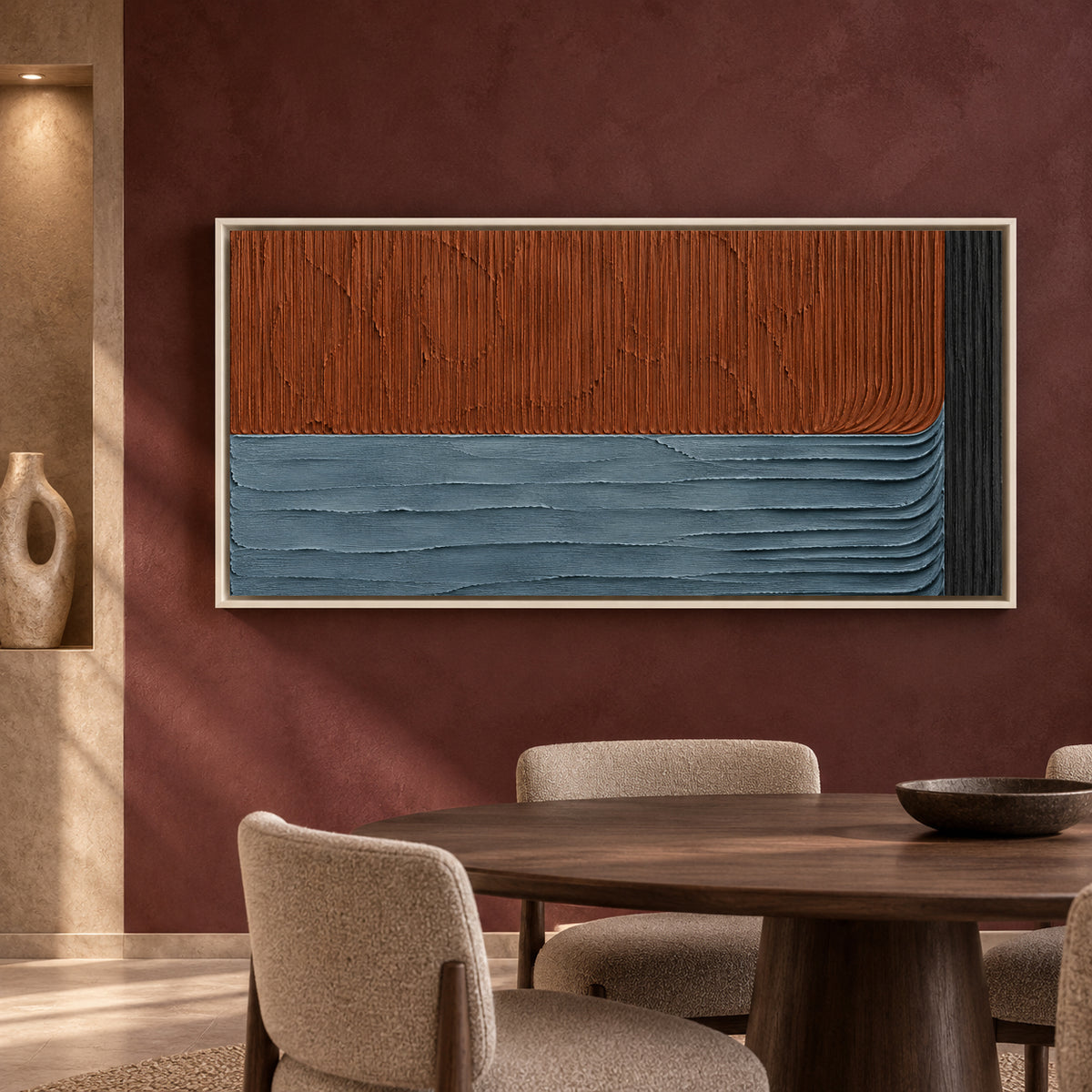Terracotta and Slate Blue Textured Geometric Canvas Art