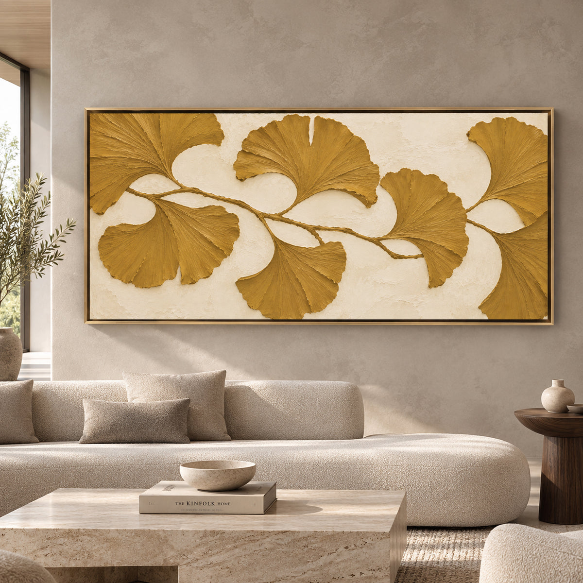 Golden Ginkgo Leaves Textured Botanical Canvas Art