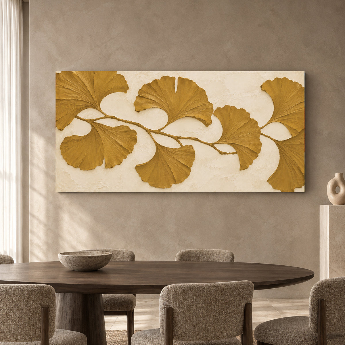 Golden Ginkgo Leaves Textured Botanical Canvas Art
