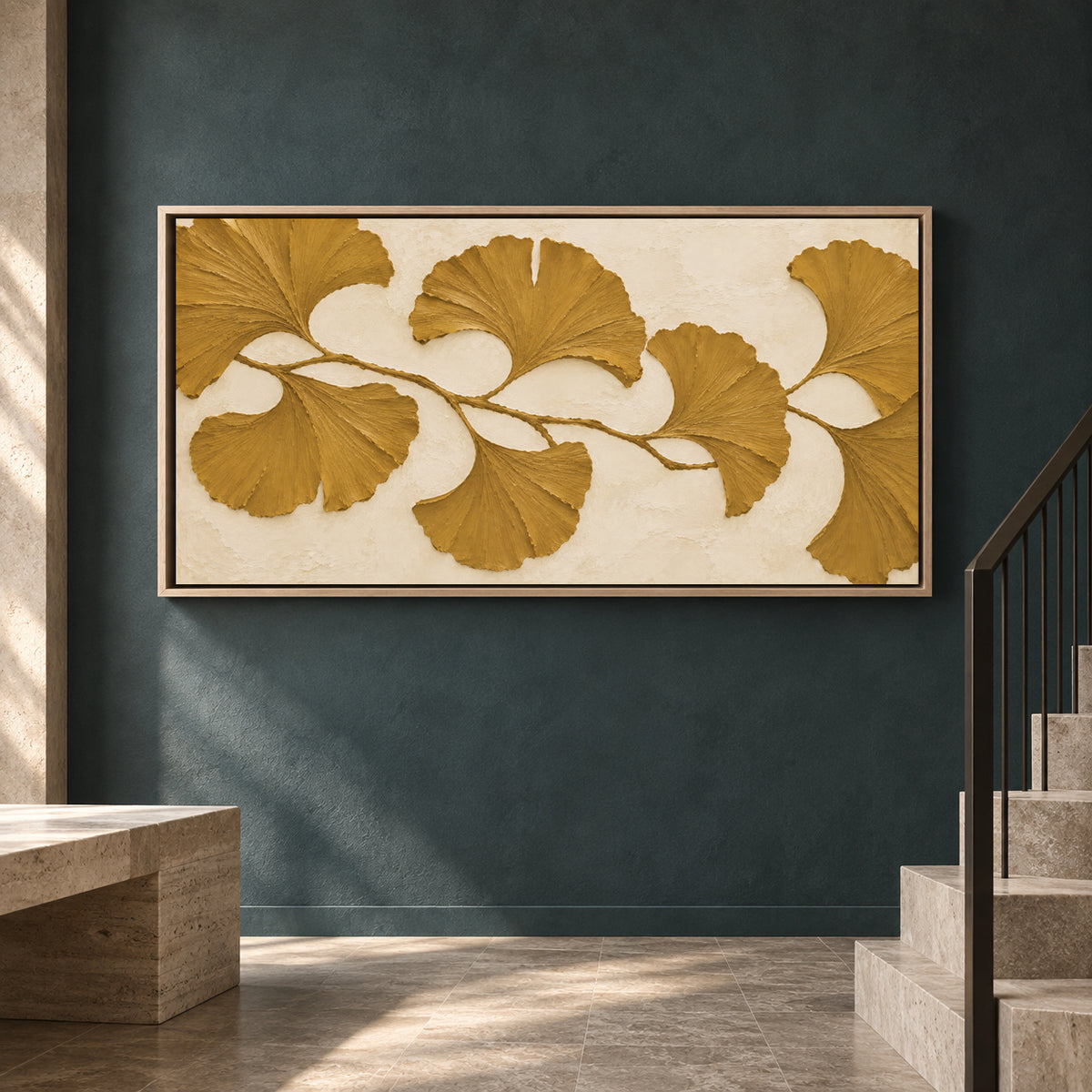 Golden Ginkgo Leaves Textured Botanical Canvas Art