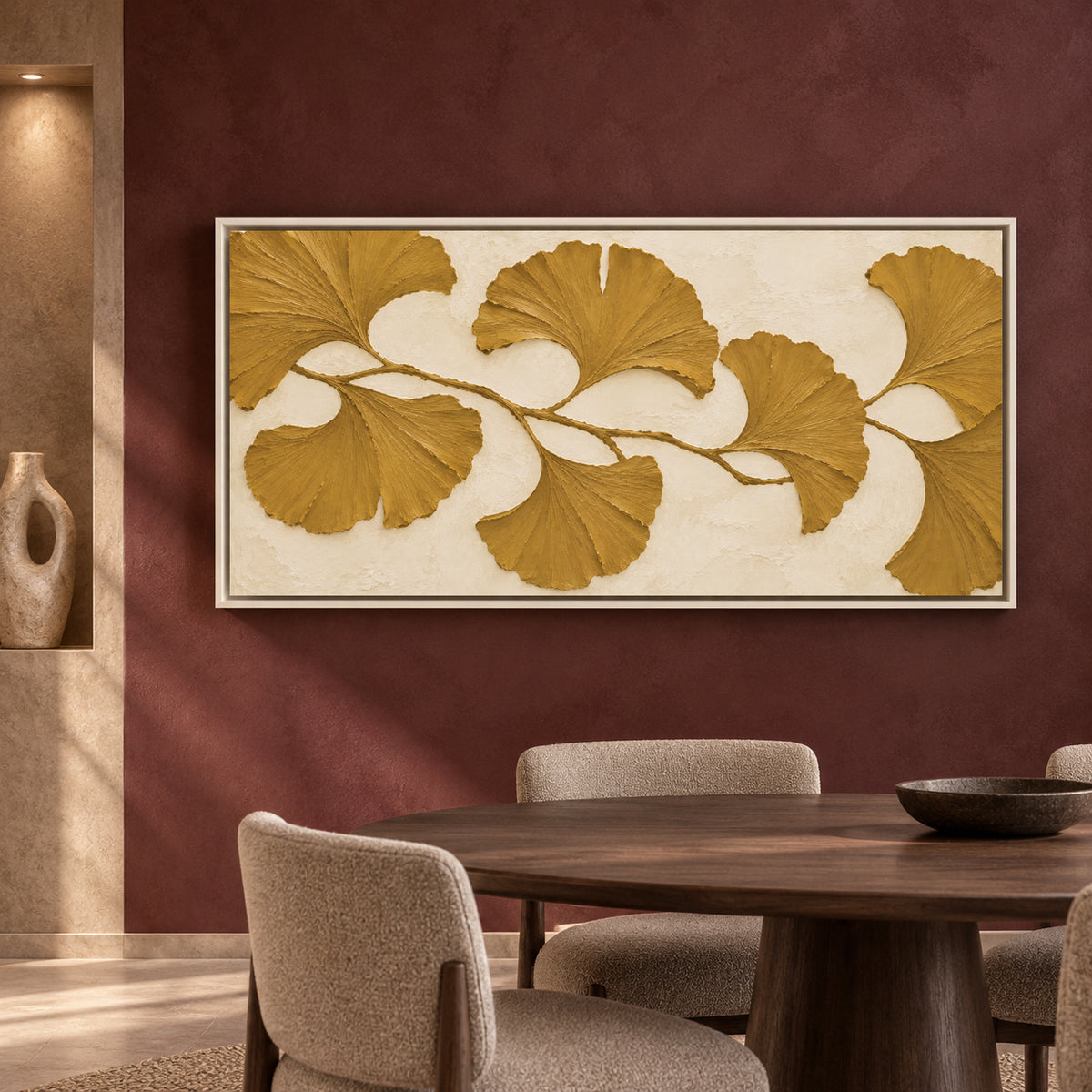 Golden Ginkgo Leaves Textured Botanical Canvas Art