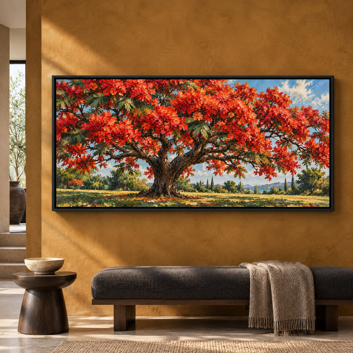 Crimson Canopy Tree Textured Panoramic Canvas Art