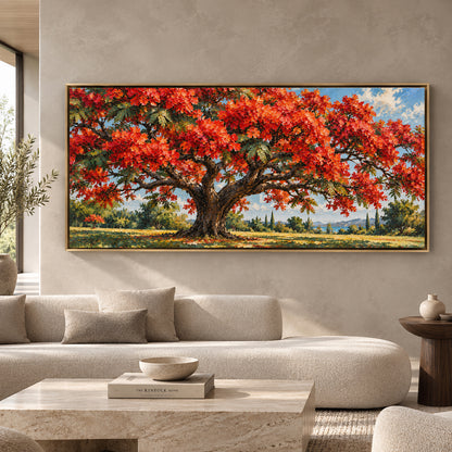 Crimson Canopy Tree Textured Panoramic Canvas Art