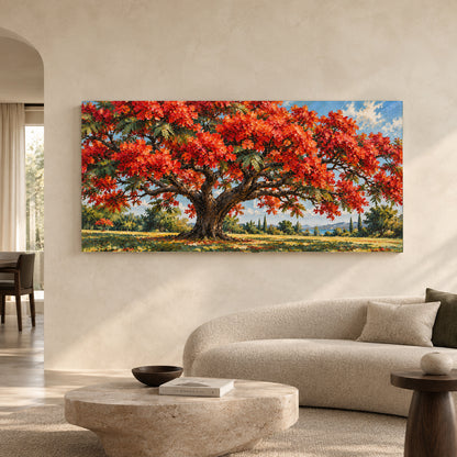 Crimson Canopy Tree Textured Panoramic Canvas Art