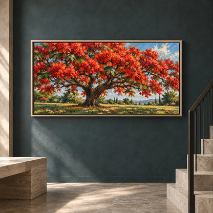 Crimson Canopy Tree Textured Panoramic Canvas Art