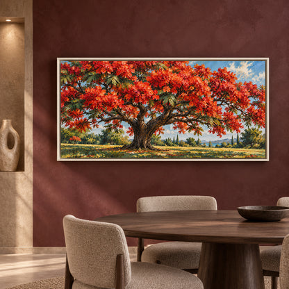 Crimson Canopy Tree Textured Panoramic Canvas Art
