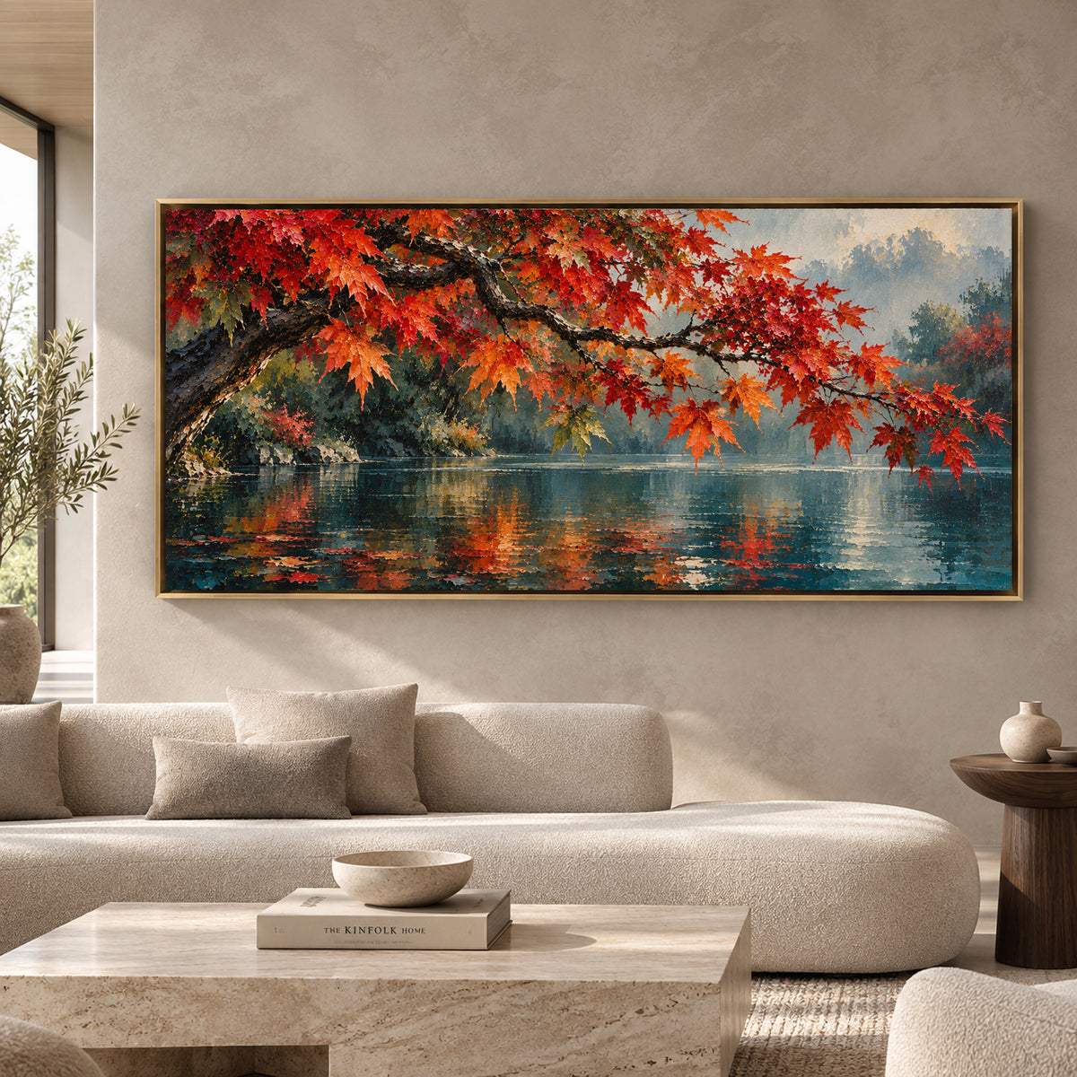 Autumn Maple Over Tranquil Lake Panoramic Canvas Art