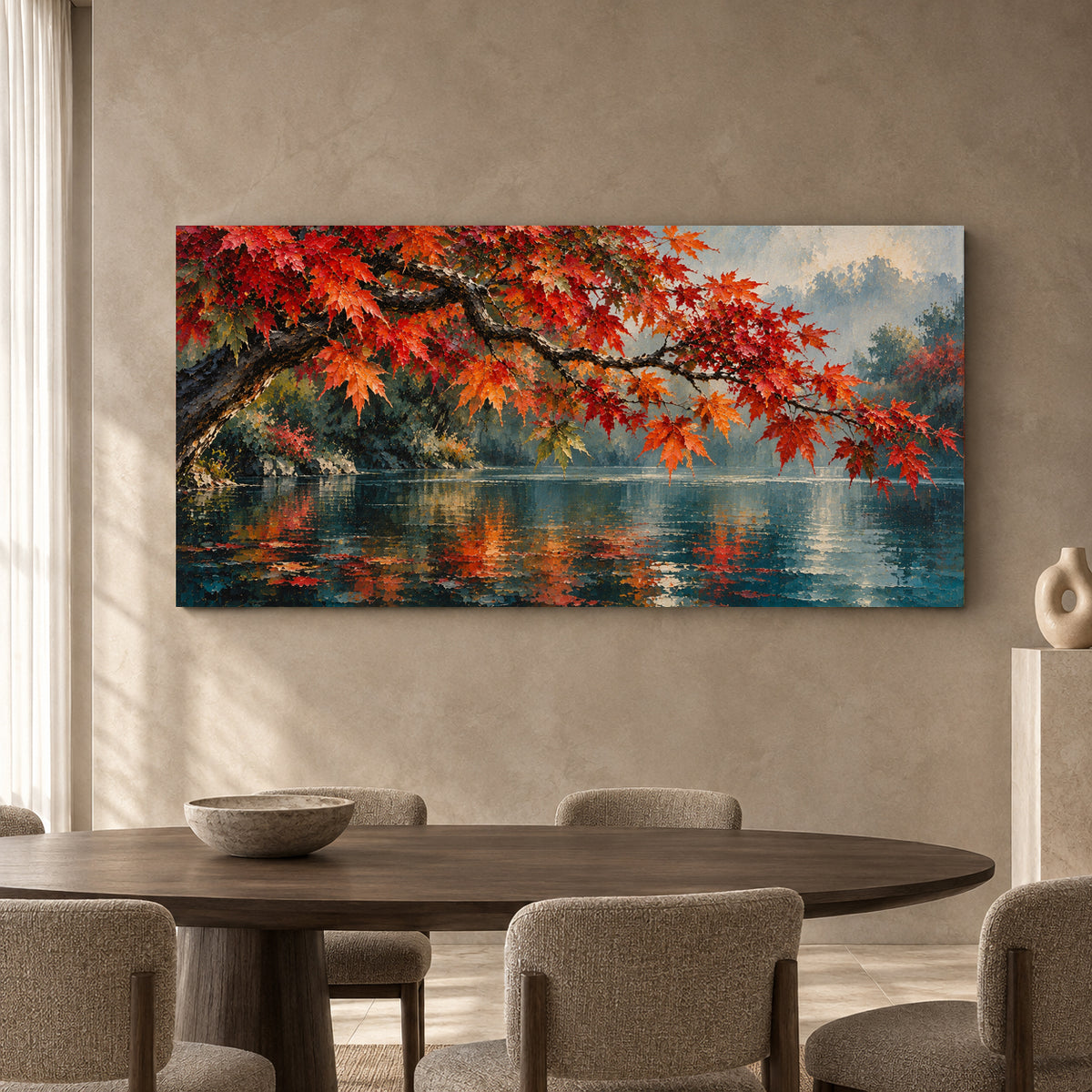 Autumn Maple Over Tranquil Lake Panoramic Canvas Art