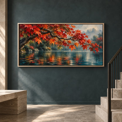 Autumn Maple Over Tranquil Lake Panoramic Canvas Art