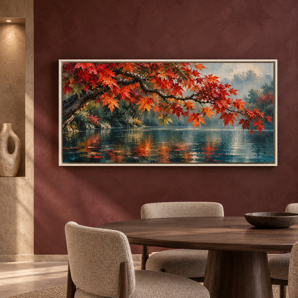 Autumn Maple Over Tranquil Lake Panoramic Canvas Art