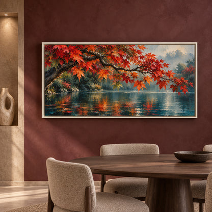 Autumn Maple Over Tranquil Lake Panoramic Canvas Art