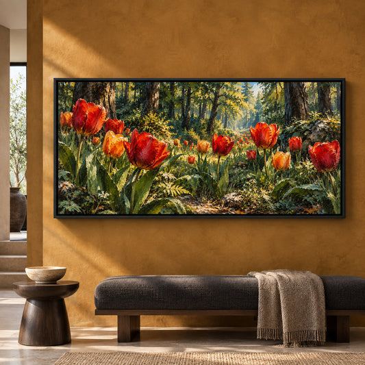 Scarlet Tulips in Sunlit Woodland Panoramic Canvas Art