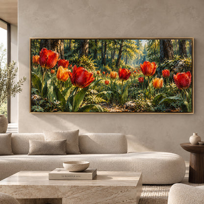 Scarlet Tulips in Sunlit Woodland Panoramic Canvas Art