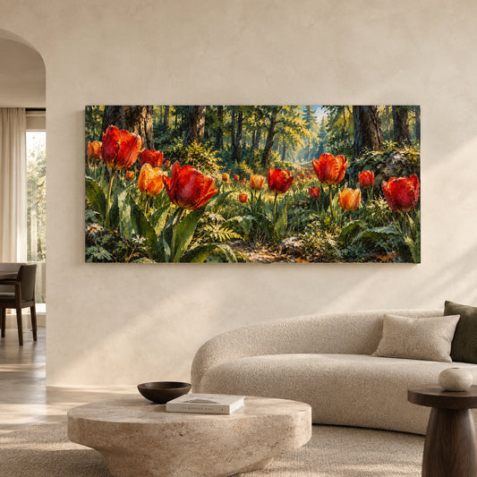 Scarlet Tulips in Sunlit Woodland Panoramic Canvas Art