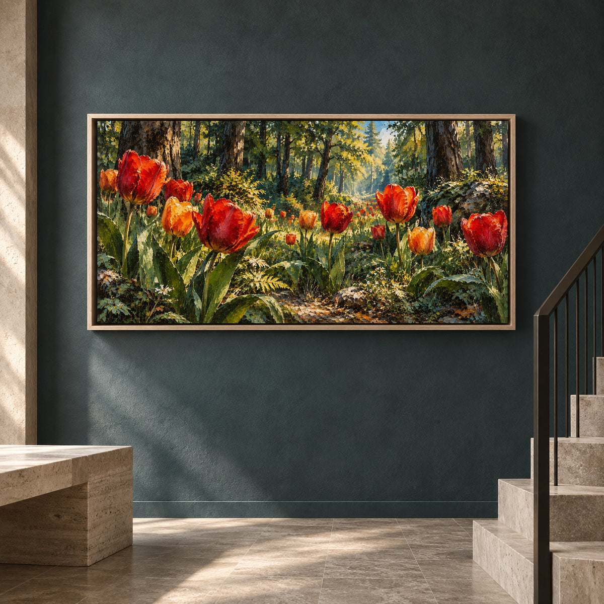 Scarlet Tulips in Sunlit Woodland Panoramic Canvas Art