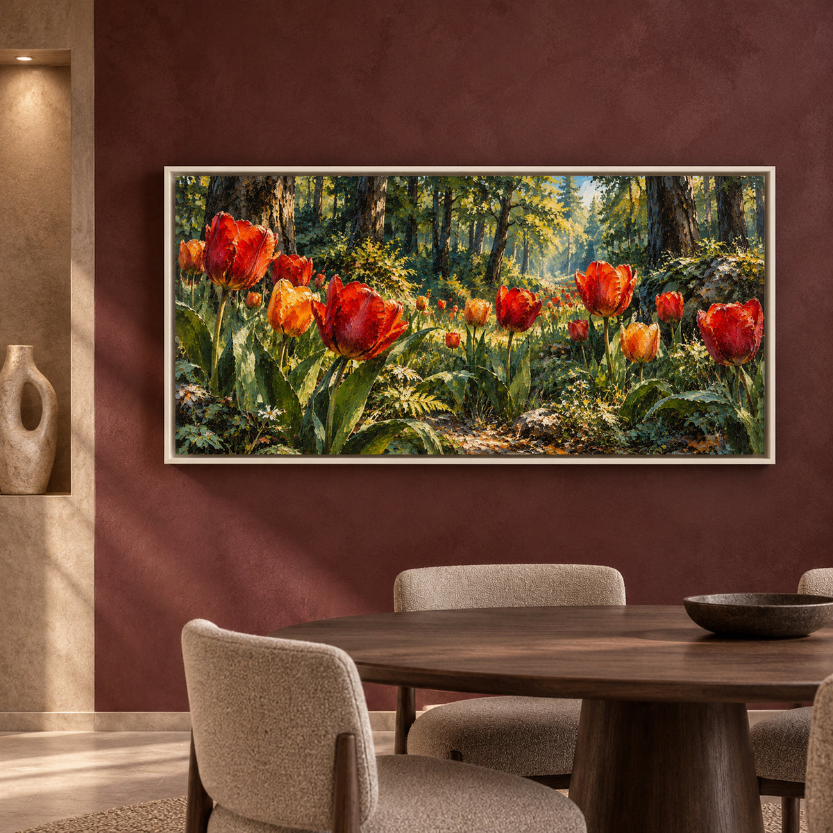 Scarlet Tulips in Sunlit Woodland Panoramic Canvas Art