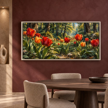 Scarlet Tulips in Sunlit Woodland Panoramic Canvas Art