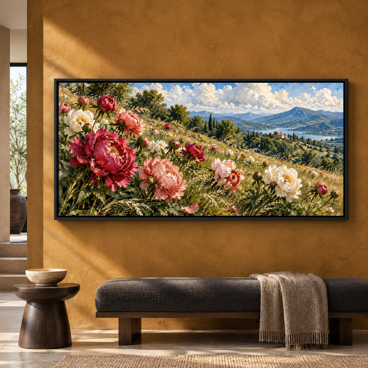 Peony Meadow Over Mountain Lake Panoramic Canvas Art