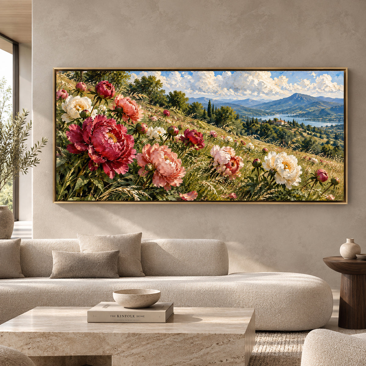 Peony Meadow Over Mountain Lake Panoramic Canvas Art