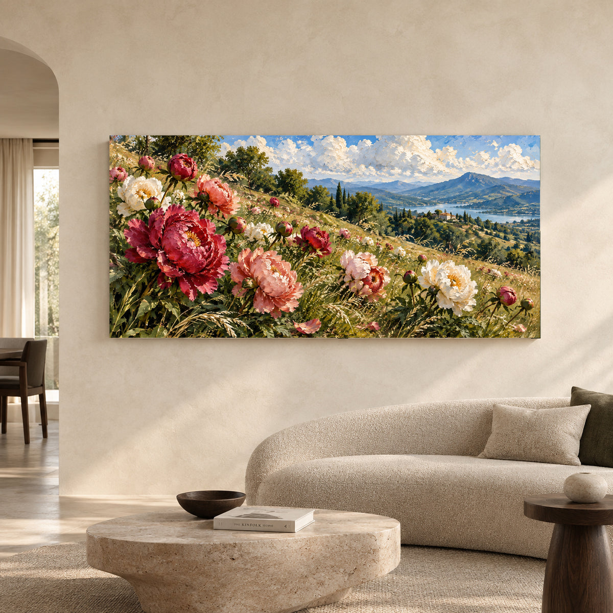 Peony Meadow Over Mountain Lake Panoramic Canvas Art