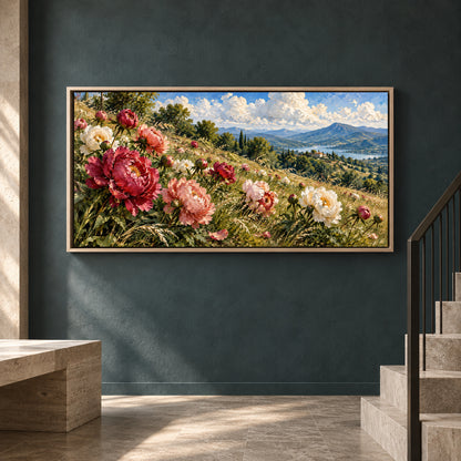Peony Meadow Over Mountain Lake Panoramic Canvas Art