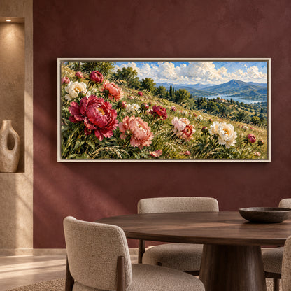Peony Meadow Over Mountain Lake Panoramic Canvas Art