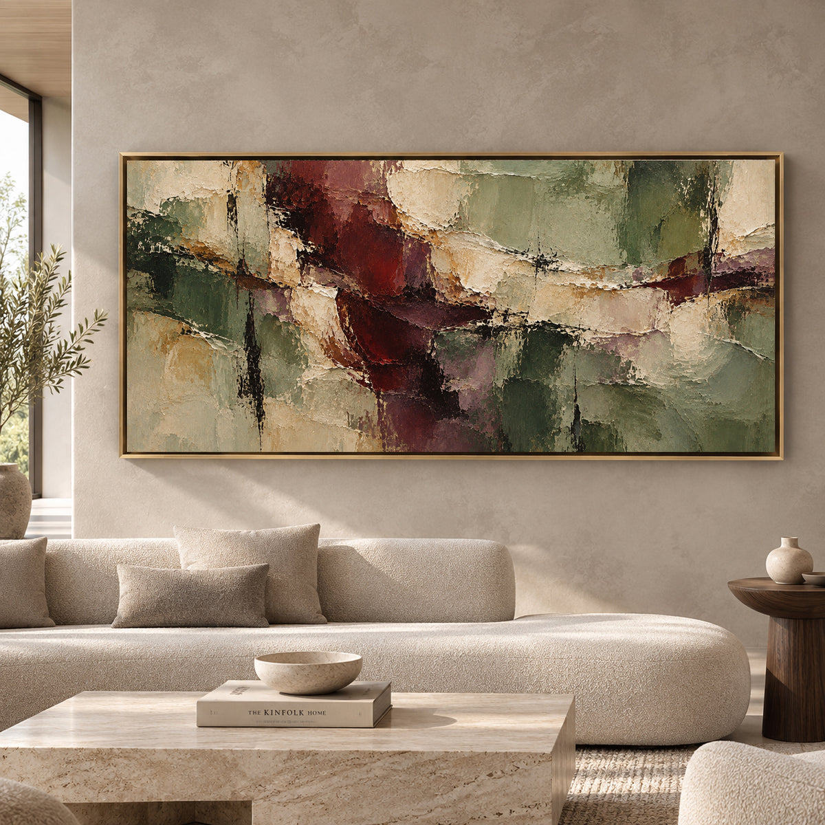Sage and Burgundy Textured Abstract Panoramic Canvas Art