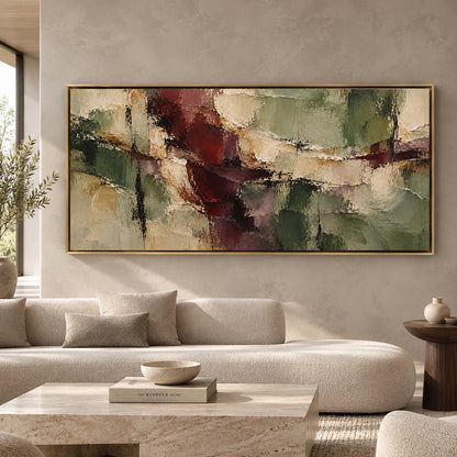 Sage and Burgundy Textured Abstract Panoramic Canvas Art