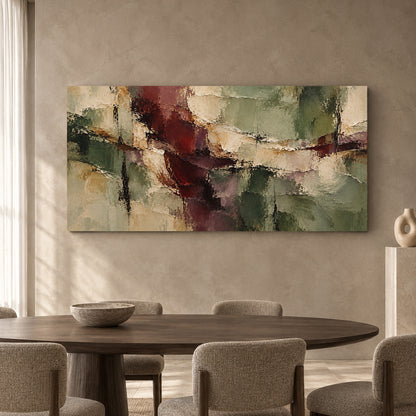 Sage and Burgundy Textured Abstract Panoramic Canvas Art