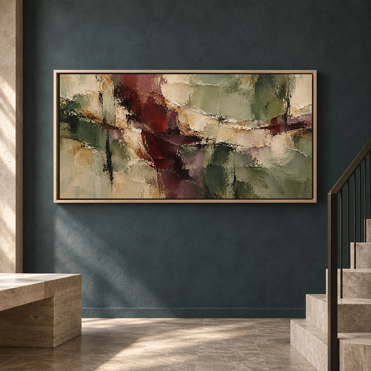 Sage and Burgundy Textured Abstract Panoramic Canvas Art