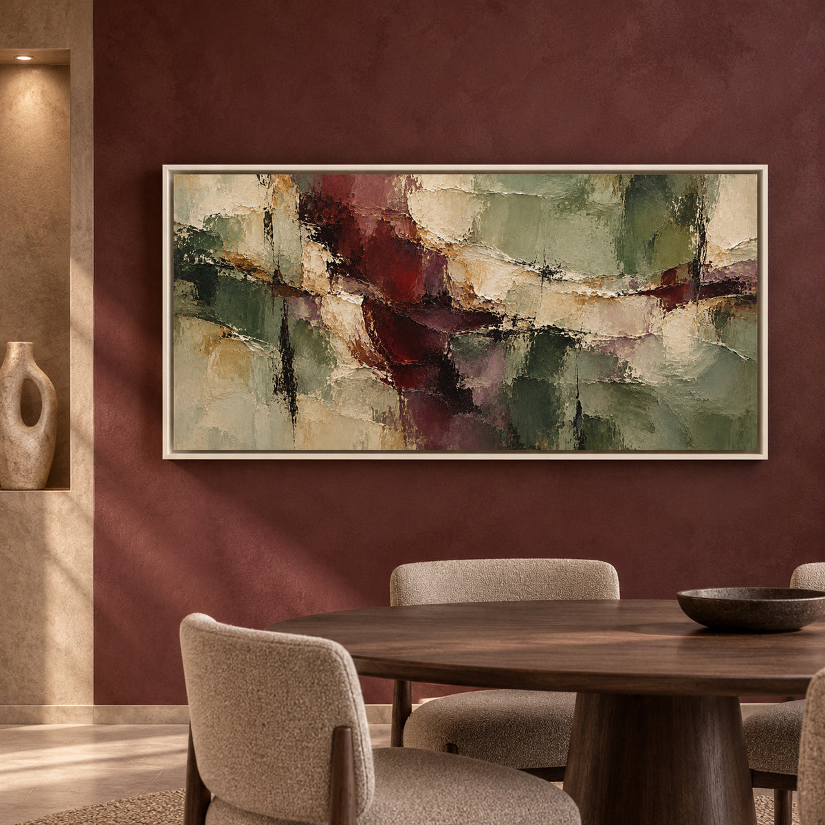 Sage and Burgundy Textured Abstract Panoramic Canvas Art