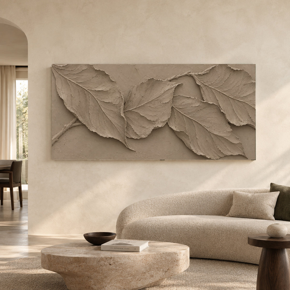 Monochrome Taupe Botanical Relief Panoramic Canvas Art