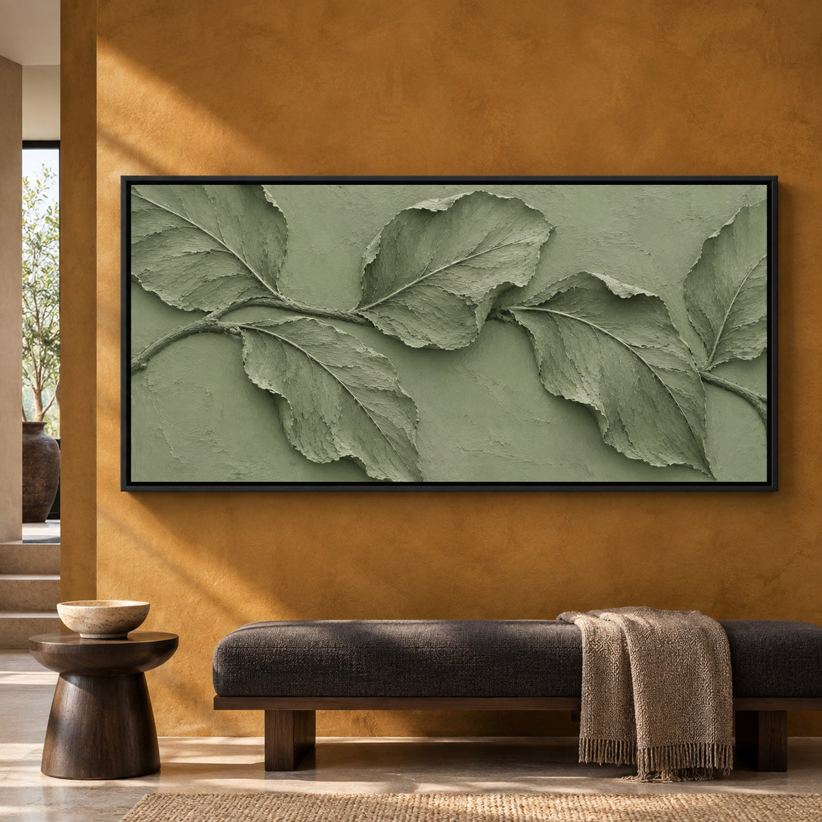 Sage Green Botanical Relief Panoramic Canvas Art