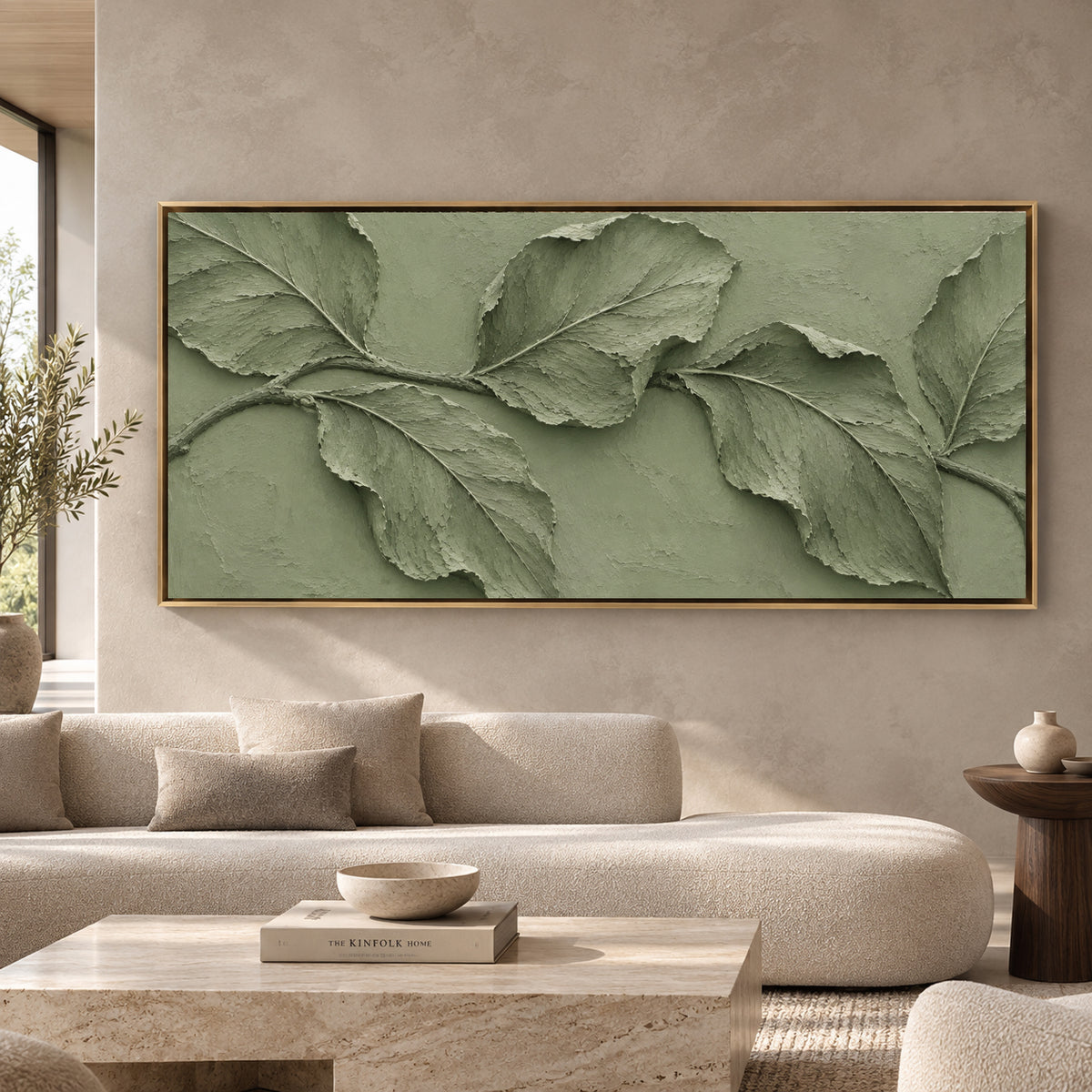 Sage Green Botanical Relief Panoramic Canvas Art