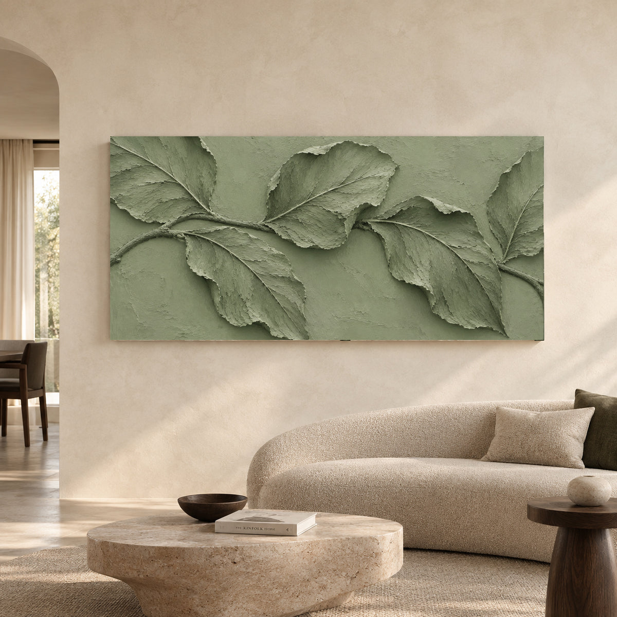 Sage Green Botanical Relief Panoramic Canvas Art