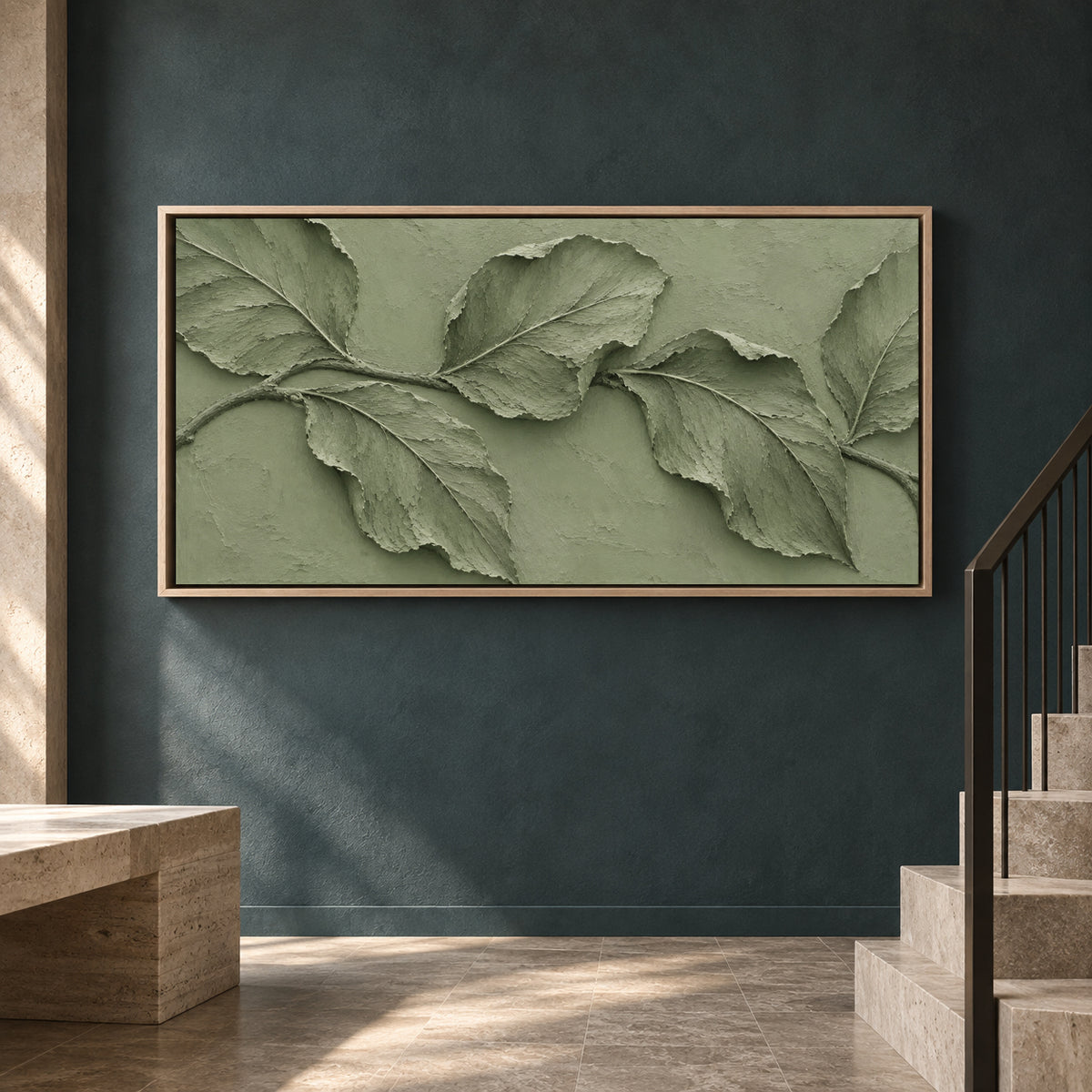 Sage Green Botanical Relief Panoramic Canvas Art