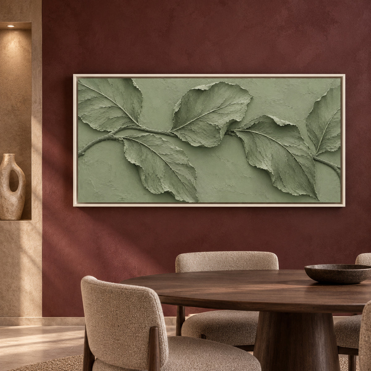 Sage Green Botanical Relief Panoramic Canvas Art